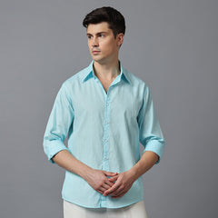 Men’s Aqua Blue Linen Shirt with High Collar