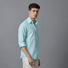 Men’s Aqua Blue Linen Shirt with High Collar