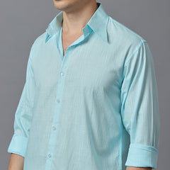 Men’s Aqua Blue Linen Shirt with High Collar