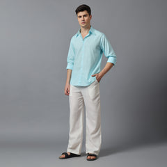 Men’s Aqua Blue Linen Shirt with High Collar