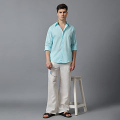 Men’s Aqua Blue Linen Shirt with High Collar