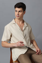 Men’s Beige Camp Collar Short Sleeve Shirt