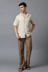 Men’s Beige Camp Collar Short Sleeve Shirt
