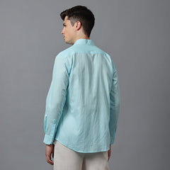 Men’s Aqua Blue Linen Shirt with High Collar