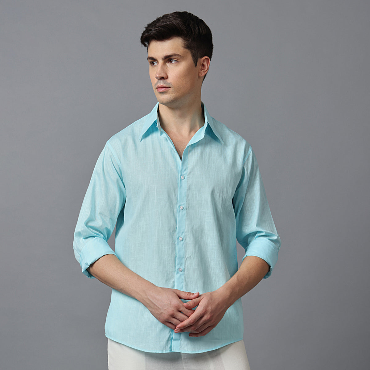 Men’s Aqua Blue Linen Shirt with High Collar